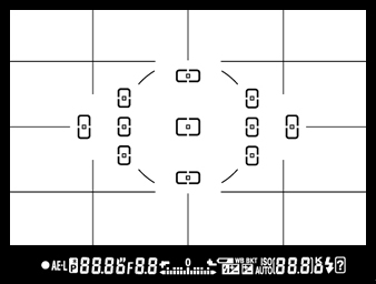 De scherpstelpunten die u kunt zien als u door de zoeker of op het scherm kijkt (focus point display).