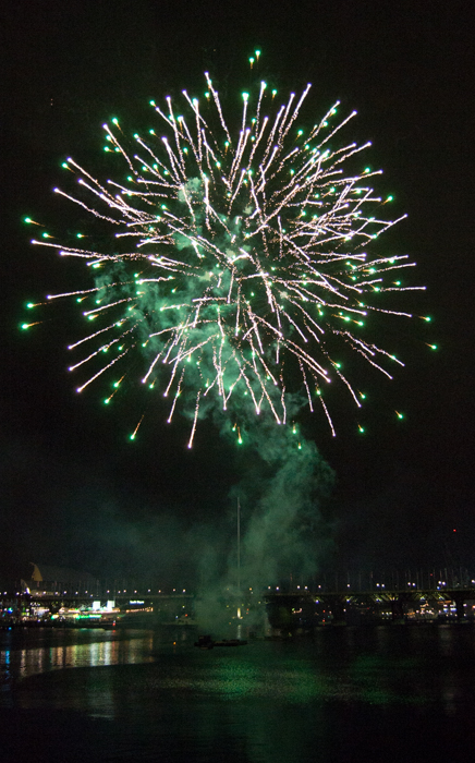 Un fuoco d'artificio su un fiume di notte