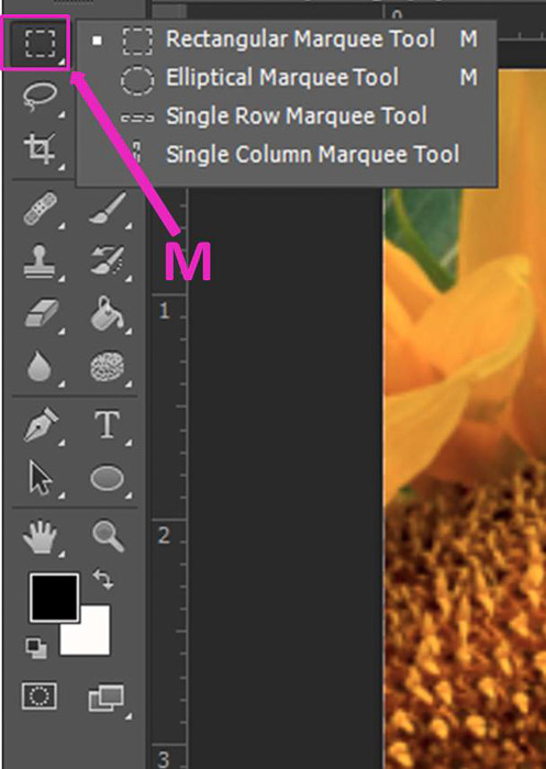 Screenshot of opening the Marquee Tool shortcut on Photoshop