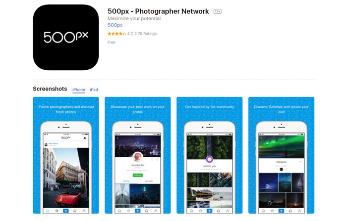 Capture d'écran de la page d'accueil de 500px - meilleure application de stockage de photos