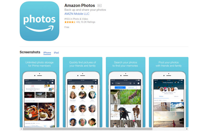 Amazon Photos写真ストレージアプリのホームページのスクリーンショット
