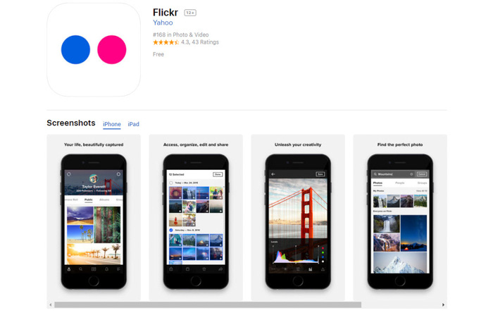 Screenshot z Flickr najlepsze zdjęcie przechowywania app strony głównej