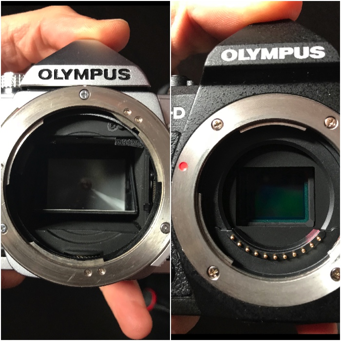 Diptych showing the mirror in the Olympus OM-1 SLR camera (left). On the right no mirror is present the interior of the modern Olympus OM-D EM-5 Mk ii mirrorless camera