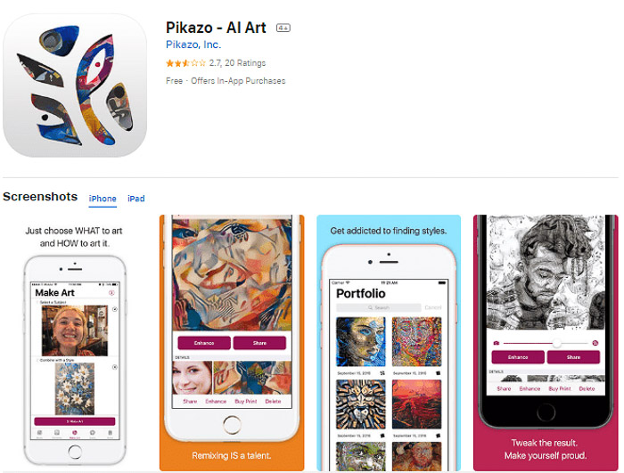 Screenshot der Pikazo-App, die Fotos in Kunst verwandelt