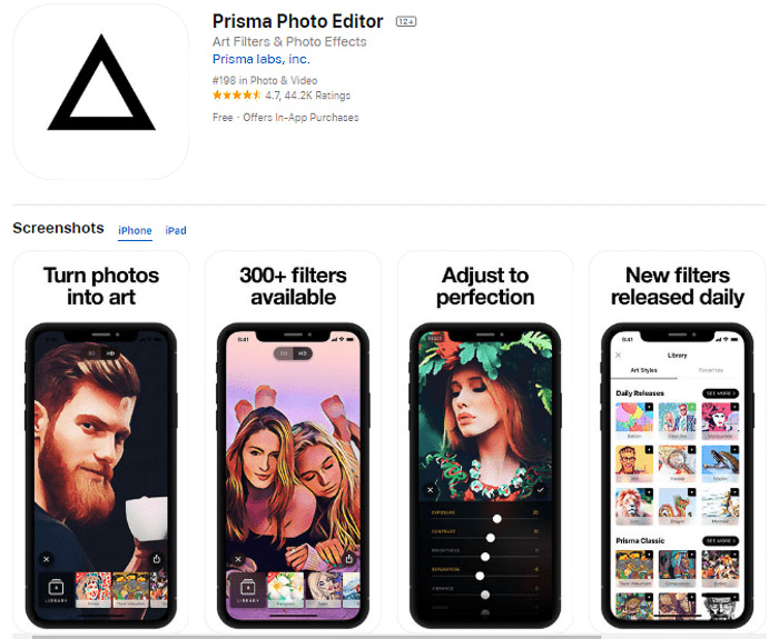 Screenshot der Bildbearbeitungs-App Prisma, die Fotos in Gemälde verwandelt