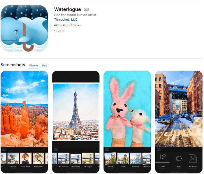 Screenshot der Waterlogue-App, die Fotos in Kunst verwandelt