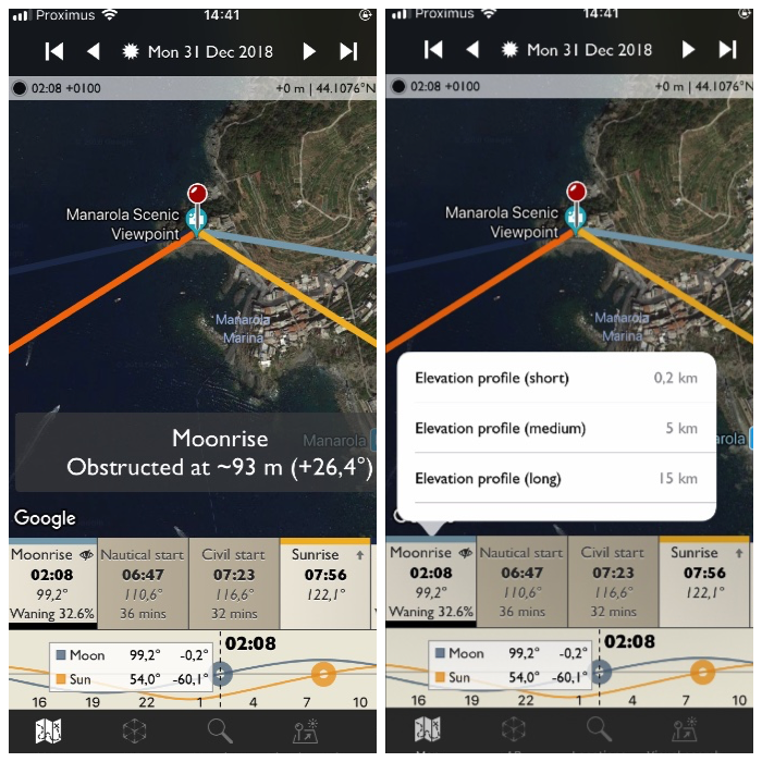 fotografové Ephemeris informace o viditelnosti východu měsíce.