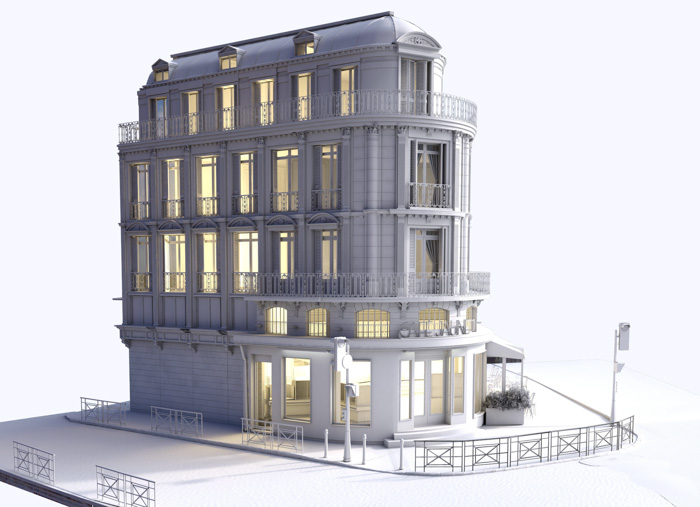 Um modelo 3D de fotos de uma grande casa branca.