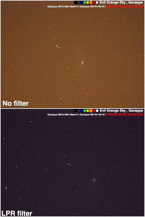 Diptych comparing trying to photograph the Andromeda galaxy under a heavily polluted sky with and without an LPR filter.