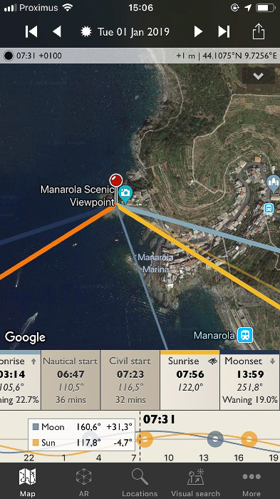 Screenshot rozhraní efemeridy fotografa na obrazovce smartphonu.'s Ephemeris interface on a smartphone screen.