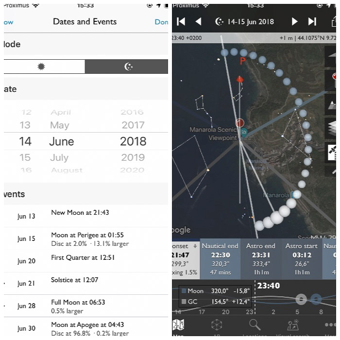 Captura de pantalla de la interfaz de Efemérides del fotógrafo en la pantalla de un teléfono inteligente.'s Ephemeris interface on a smartphone screen.