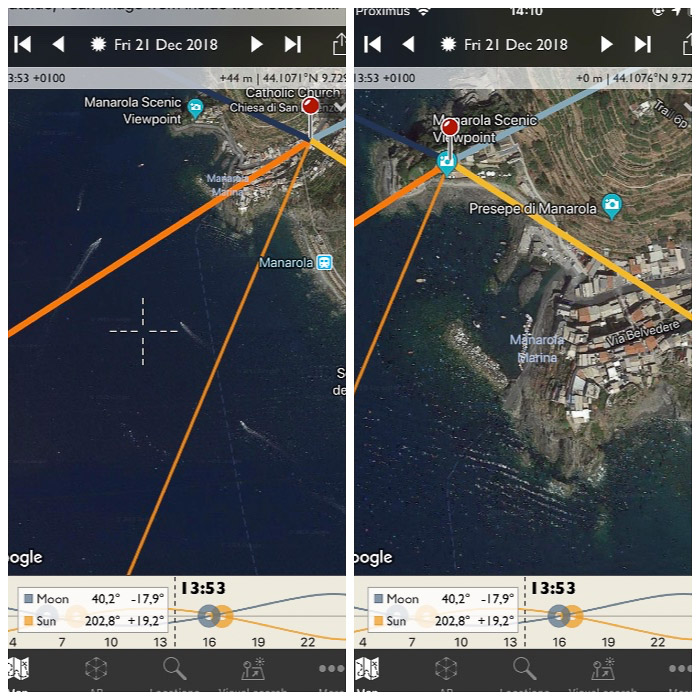 kuvakaappaus kuvaajan Efemeris-käyttöliittymästä älypuhelimen näytöltä. Valitaan maisemallinen näkökulma uudeksi paikaksi.'s Ephemeris interface on a smartphone screen. Selecting the Scenic viewpoint as new location.