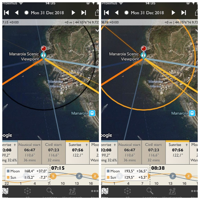 de fotografen Ephemeris tonen het gouden uur dat geel wordt de zwarte cirkel gecentreerd op de locatiepin.