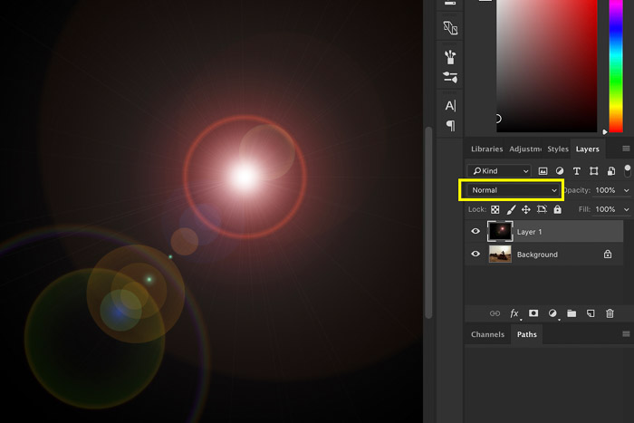 Screenshot laat zien hoe lensflare in Photoshop wordt toegevoegd