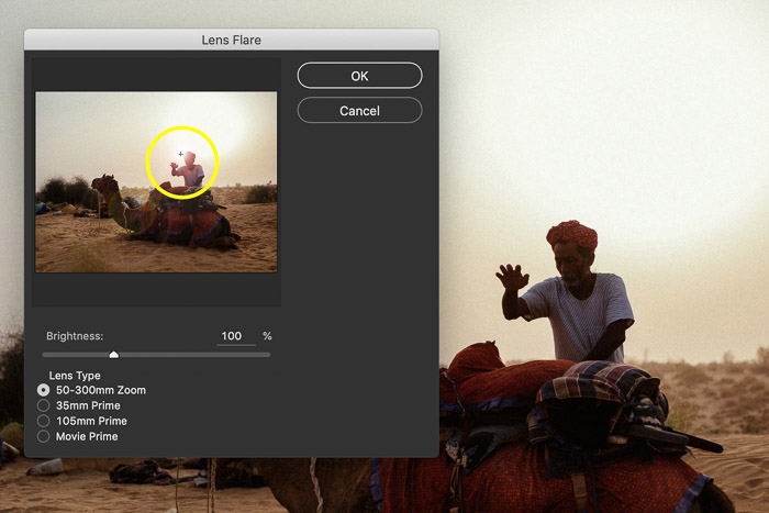 Screenshot laat zien hoe lensflare in Photoshop moet worden toegevoegd
