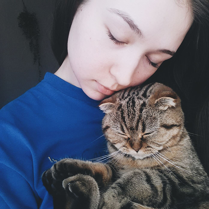 Um doce retrato de uma modelo feminina posando com um gato malhado - fotografia de animal de estimação em smartphone