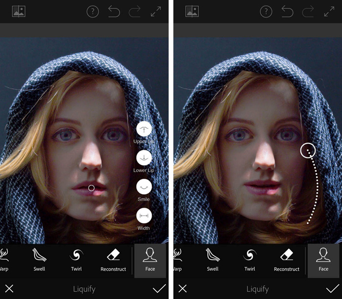 Une capture d'écran de l'interface de l'application de retouche photo Photoshop Fix