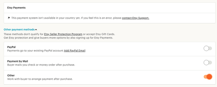 Скриншот выбора оплаты за продажу фотографий на Etsy 