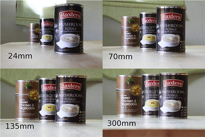 Four photos of three cans shot with different focal length lenses