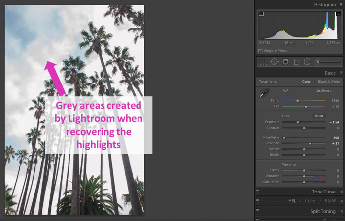 en skärmdump av redigering av ett foto med hjälp av Lightroom histogram