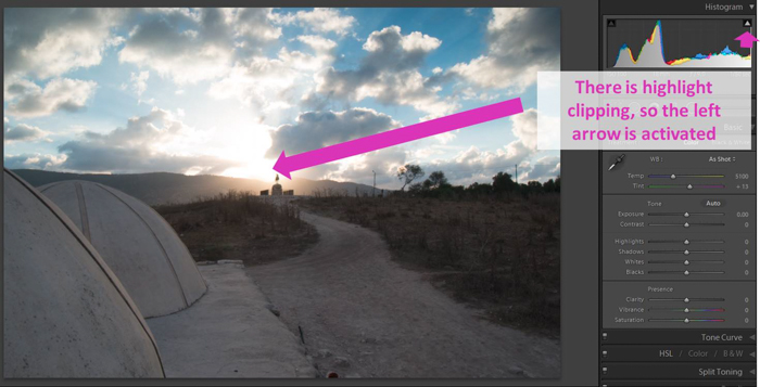 egy fénykép Lightroom hisztogram segítségével történő szerkesztéséről készült képernyőkép