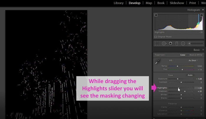 zrzut ekranu edycji zdjęcia za pomocą histogramu Lightroom