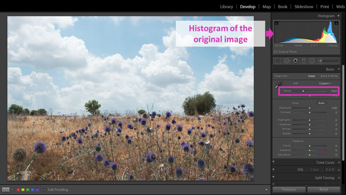  képernyőkép egy fénykép szerkesztéséről a Lightroom hisztogram segítségével