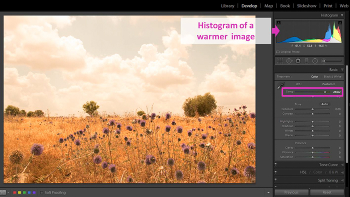 képernyőkép egy fénykép szerkesztéséről a Lightroom hisztogram segítségével