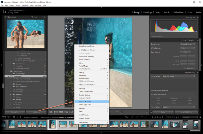 una captura de pantalla que muestra cómo girar varias imágenes en Lightroom 