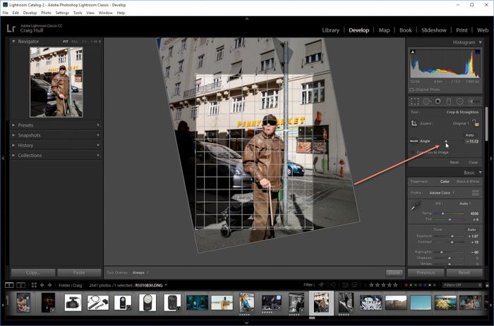 una captura de pantalla que muestra cómo enderezar una imagen en Lightroom