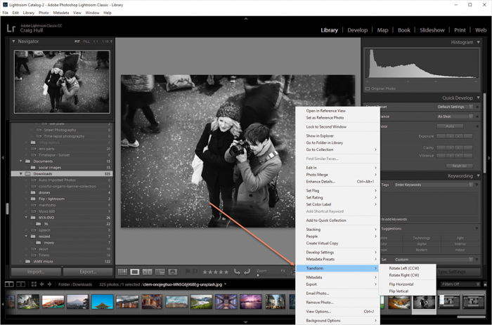 en skärmdump som visar hur man vänder en bild i Lightroom