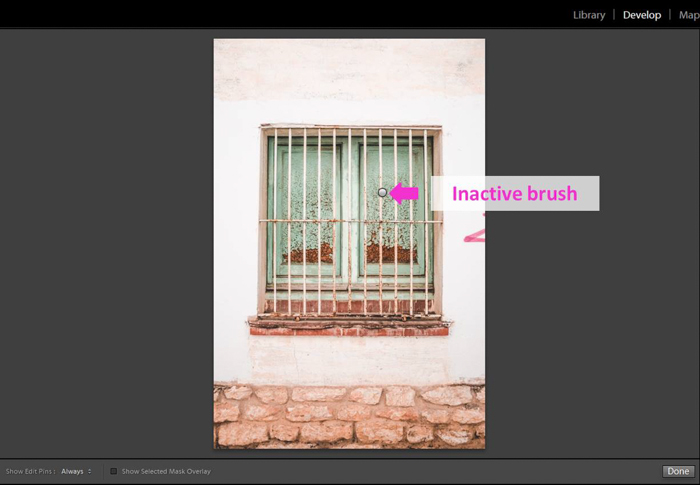 Snímek obrazovky ukazující, jak používat nástroj Lightroom Adjustment Brush Tool-neaktivní kartáč