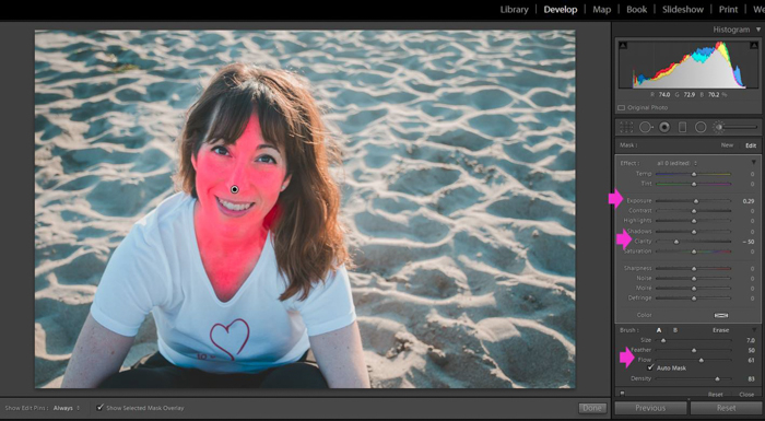 en skärmdump av redigering av ett porträtt av en kvinnlig modell med lightroom-justeringsverktyget 
