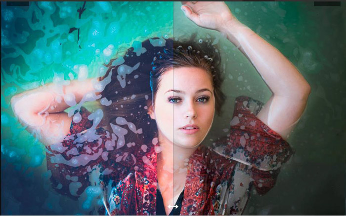 Portrait of a woman party underwater with two different lightroom presets on each side