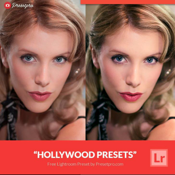The same portrait photo of a woman in original and in hollywood collection lightroom preset