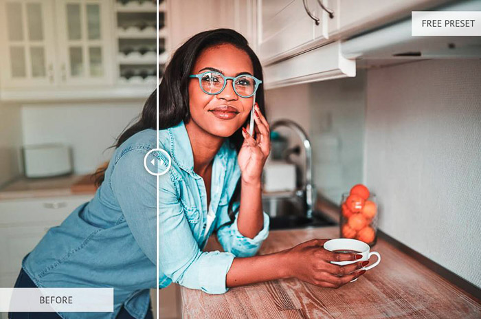 A spliscreen photo of a woman holding a coffee on the kitchen counter showing before and after editing with orange and teal preset amber