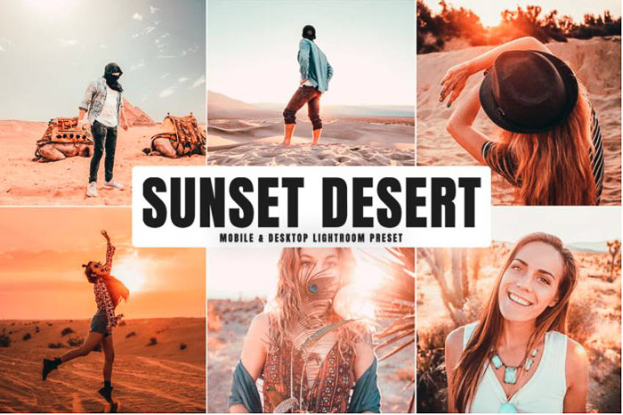 A montage of photos of people in the desert, sunset desert preset