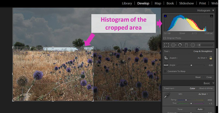 en skärmdump av redigering av ett foto med Lightroom-histogrammet