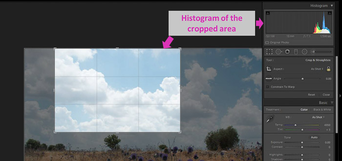 a fénykép szerkesztésének képernyőképe a Lightroom hisztogram segítségével
