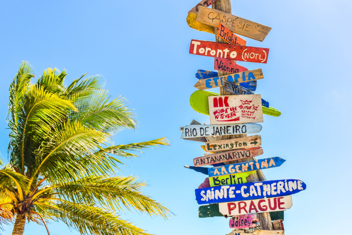 Photo of a road sign with many city names and a palm tree in the background