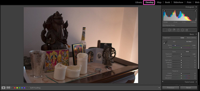 zrzut ekranu dostosowujący balans bieli zdjęcia w programie Lightroom