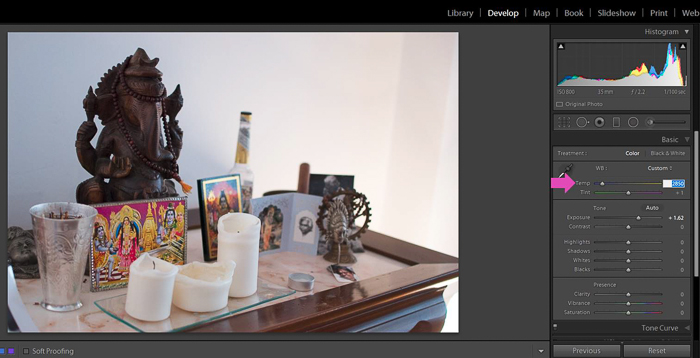Snímek obrazovky nastavení vyvážení bílé fotografie v Lightroom