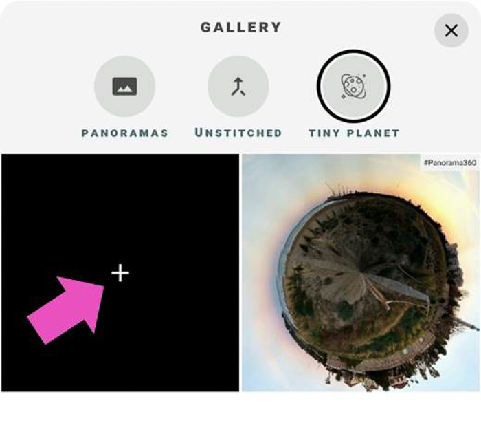 Ein Screenshot von der Erstellung eines Tiny Planets-Fotos mit der P360-App