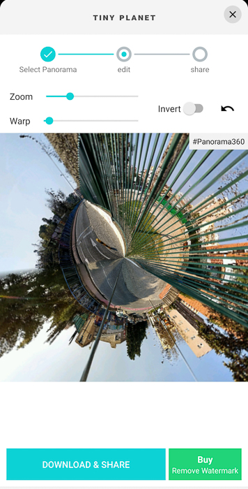 Ein Screenshot von Making Tiny Planets photo mit der P360 App