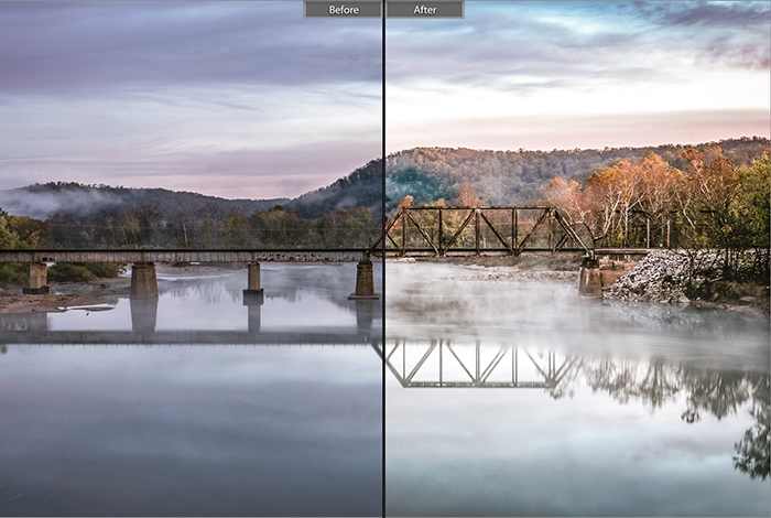 Tách hình ảnh hiển thị trước và sau khi chỉnh sửa với các cài đặt trước của phòng sáng cổ điển trên ảnh phong cảnh
