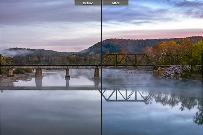 Tách hình ảnh hiển thị trước và sau khi chỉnh sửa với các cài đặt trước của phòng chiếu sáng Dull Slot Canyon trên ảnh phong cảnh