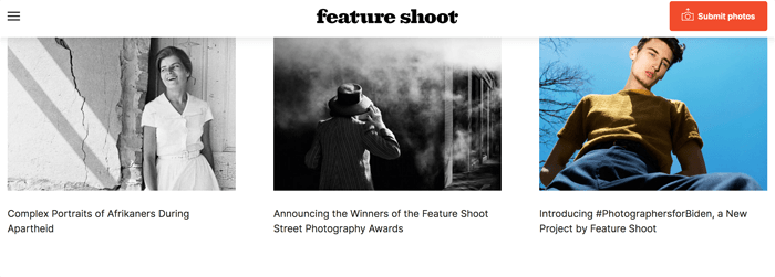 Screenshot av Feature Shoot photography blog homepage