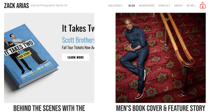 Screenshot da página inicial do blog de fotografia Zack Arias