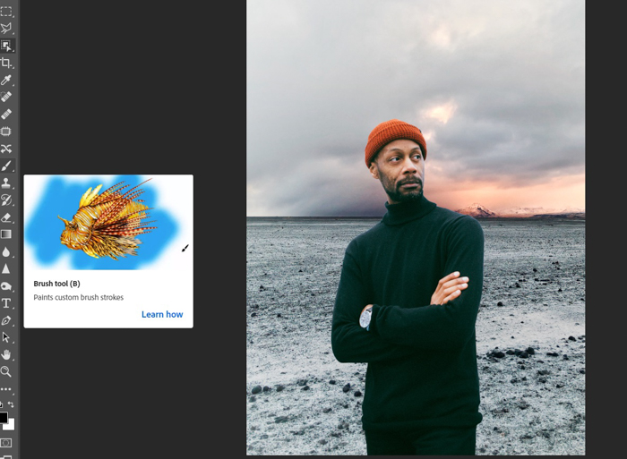 Captura de tela da edição de um retrato de um homem no Photoshop com a ferramenta de seleção rápida