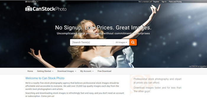 Screenshot della homepage del sito Can Stock photo